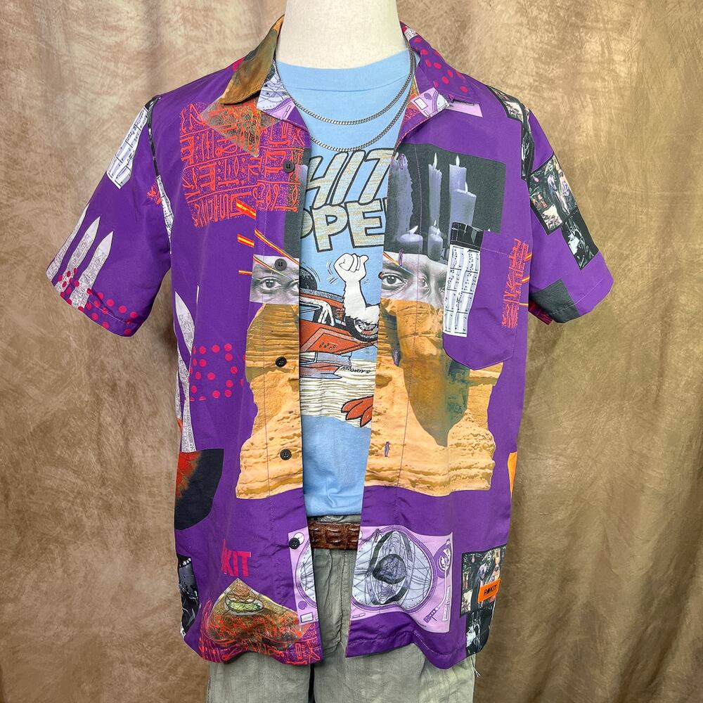 Graphic Print Button Up Rokit Saturn Shirt Purple Collage Art Music Astrology